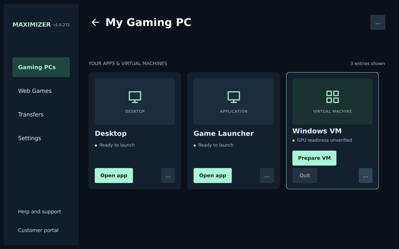 Matching Modern Desktop, Game Launcher and Windows VM cards, with readable readiness and reflowed Prepare VM, Quit and More actions