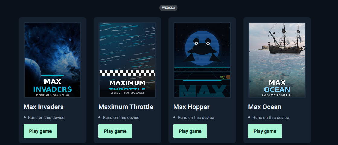 Web Games library showing four 3:4 portrait covers with game titles, device labels and Play game buttons below